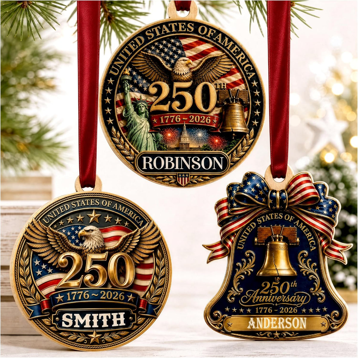 Personalized USA 250th Anniversary Wooden Ornament, Custom Family Name Patriotic Christmas Ornament