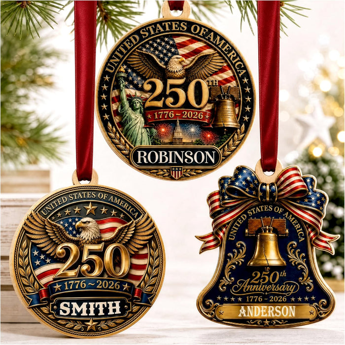 Personalized USA 250th Anniversary Wooden Ornament, Custom Family Name Patriotic Christmas Ornament