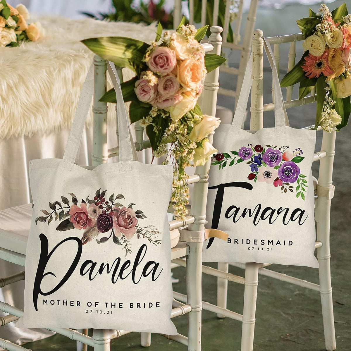 Personalized Wedding Tote Bags Gift for Bride Bridesmaid Women w/Name Text Date - Customized Floral Beach/Travel Canvas Bag - Custom Bridal Shower Bachelorette Party Accessories - Christmas c1 (Single)