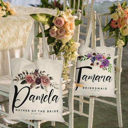 Personalized Wedding Tote Bags Gift for Bride Bridesmaid Women w/Name Text Date - Customized Floral Beach/Travel Canvas Bag - Custom Bridal Shower Bachelorette Party Accessories - Christmas c1 (Single)