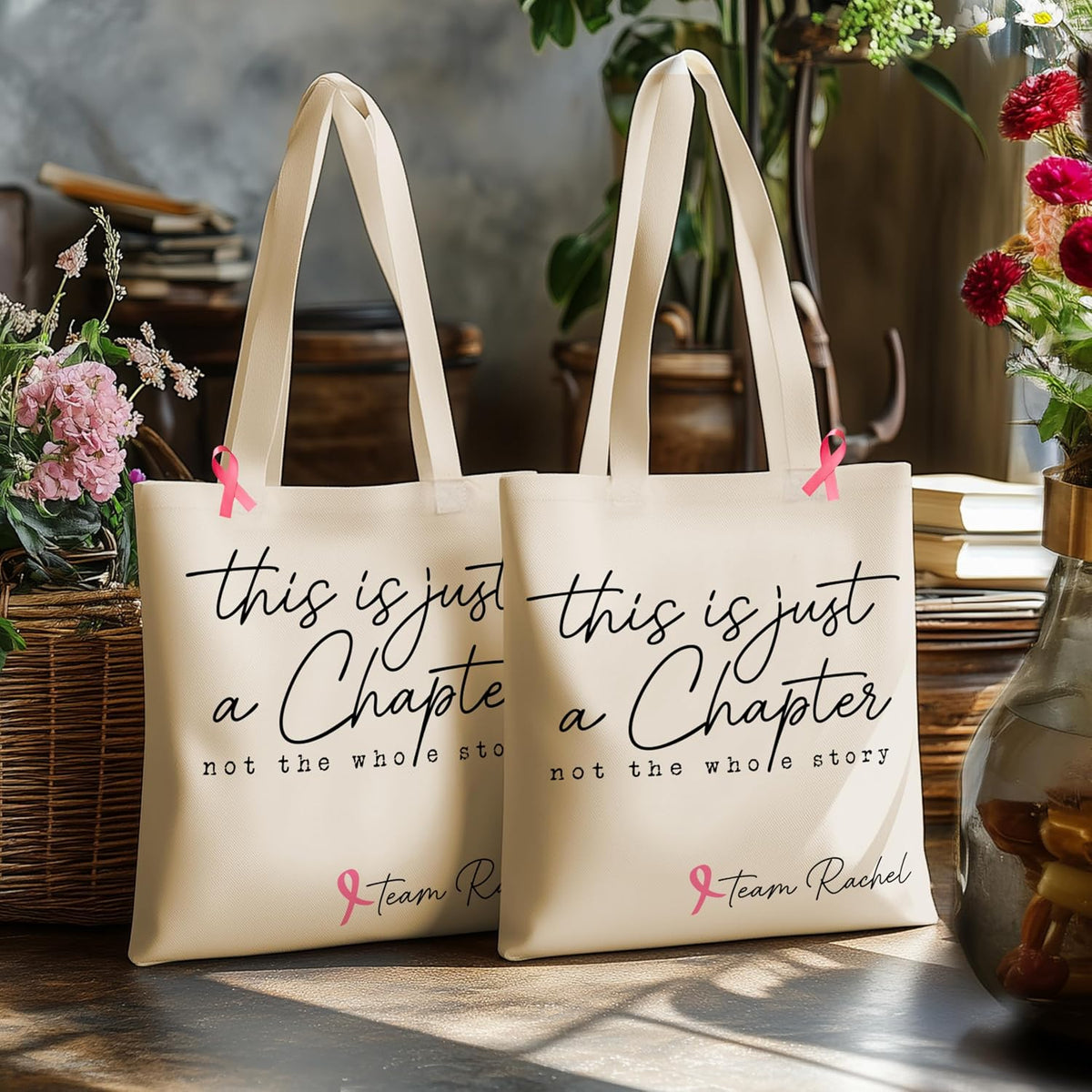 Personalized Canvas Tote Bag with Pink Ribbon - Custom Monogrammed Breast Cancer Gift for Survivors & Warriors - Keepsake Tote for Patients, Daily Use, and Awareness