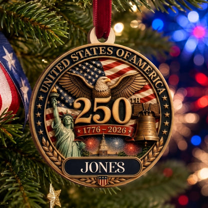 Personalized USA 250th Anniversary Wooden Ornament, Custom Family Name Patriotic Christmas Ornament