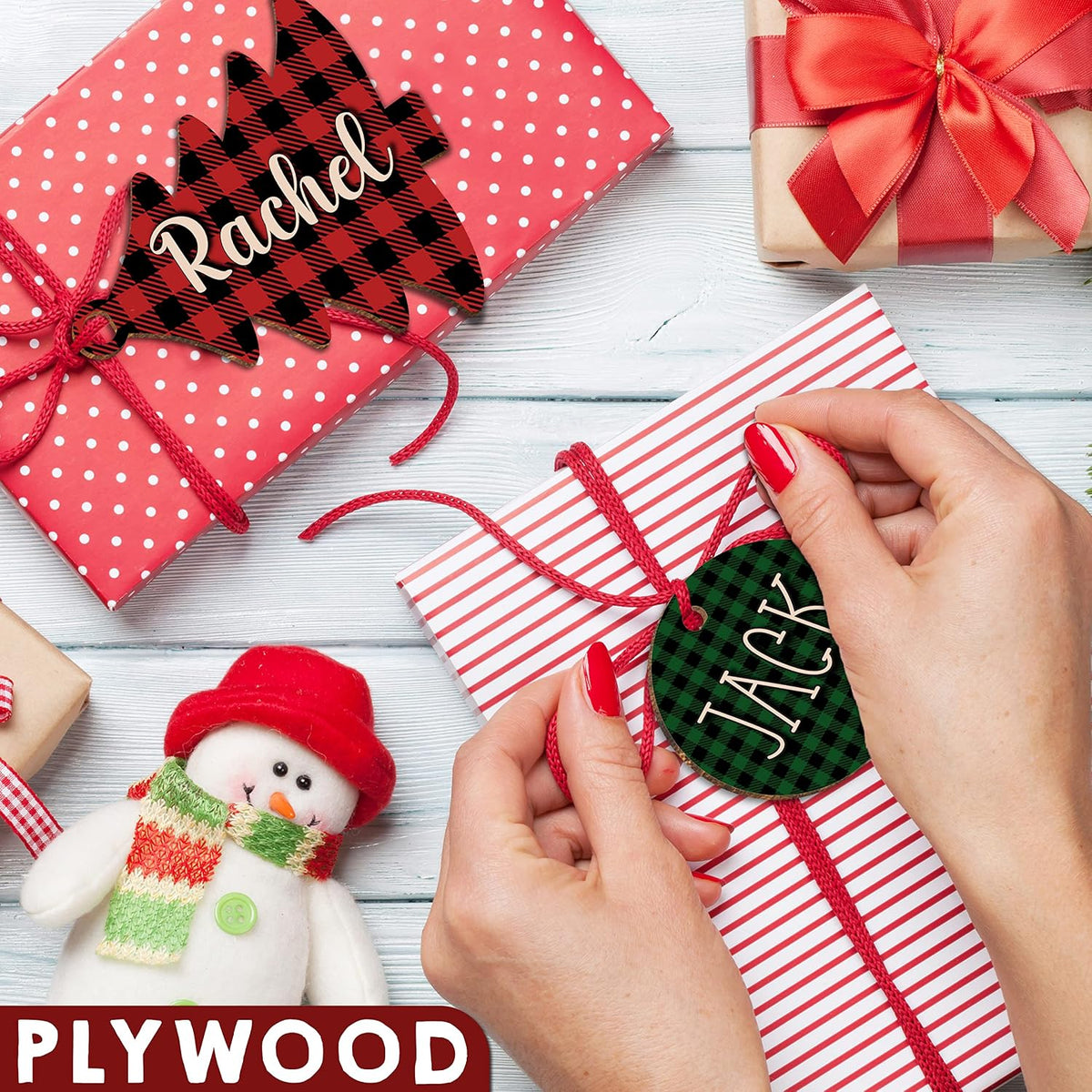 Personalized Christmas Name Tag w/Name - 4 Background & 8 Shapes - Customized Christmas Stocking Tags for Stocking - Round Wood Gift Tag for Xmas Decor - Custom Wooden Rectangular Nametag Gift Card C2