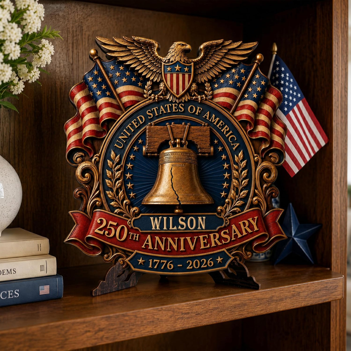 Personalized Eagle Patriotic Door Sign for Front Door, Custom Family Name America 250th Anniversary Wooden Door Hanger, USA 1776-2026 Independence Day 4th of July Wall Decor