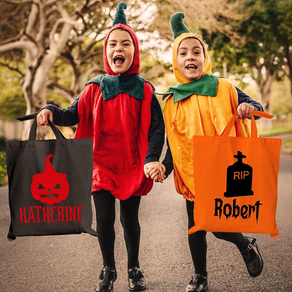 Personalized Name Halloween Canvas Tote Bags - Custom Trick or Treat Bag with - Gift Bag for Halloween Parties & Everyday Use