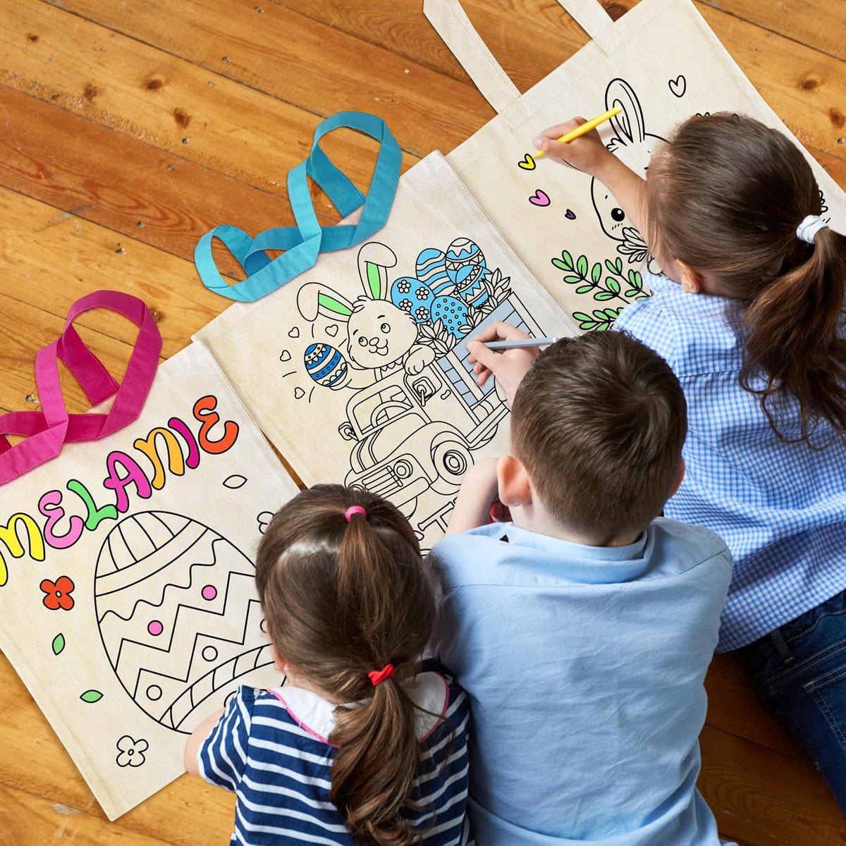 Custom DIY Easter Tote Bag for Kids and Treat Party - Personalized Reusable Canvas Egg Hunt Basket with Name to Boys, Girls - Customized Colorable Bunny Gift Bags 6 Designs & 3 Handle Color