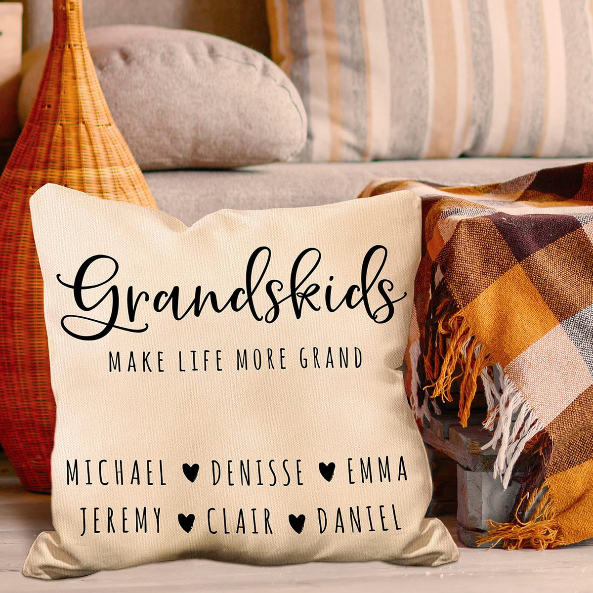 Personalized 'Grandkids Make Life More Grand' Throw Pillow Case – Custom for Grandma – 18x18 Inch Cotton Canvas Cushion Cover with Grandchildren's Names