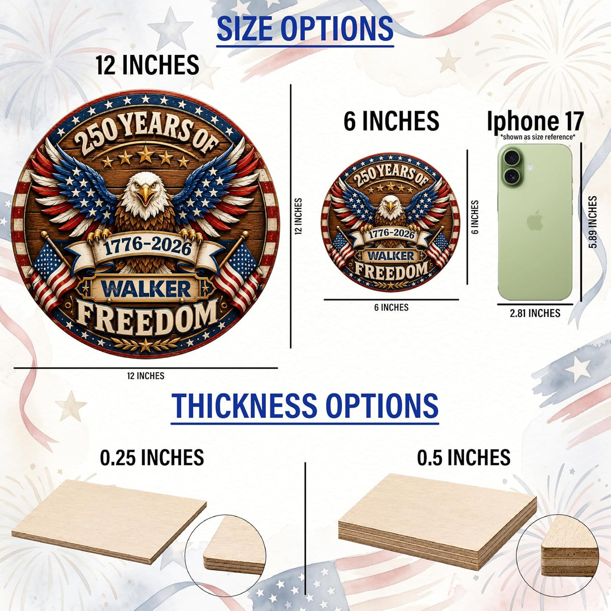 Personalized Eagle Patriotic Door Sign for Front Door, Custom Family Name America 250th Anniversary Wooden Door Hanger, USA 1776-2026 Independence Day 4th of July Wall Decor