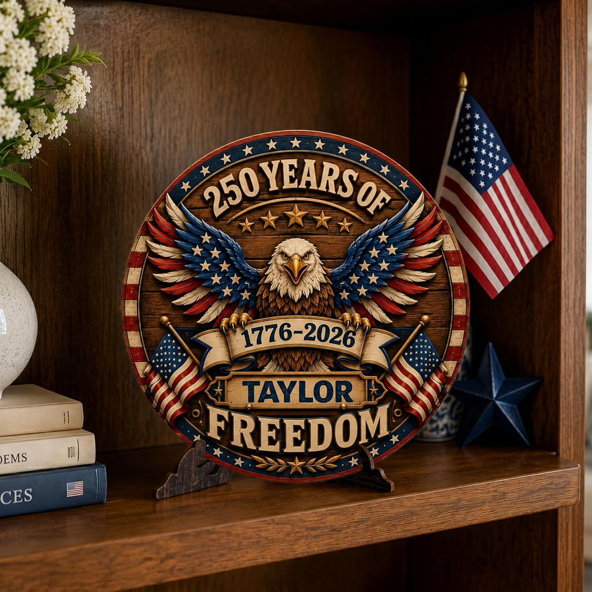 Personalized Eagle Patriotic Door Sign for Front Door, Custom Family Name America 250th Anniversary Wooden Door Hanger, USA 1776-2026 Independence Day 4th of July Wall Decor