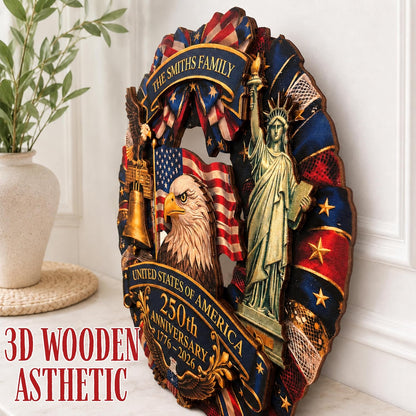 4th of July Front Door Wreath Personalized Family Name, USA 250th Anniversary 1776-2026, Patriotic Door Decor, American Flag Eagle Liberty Bell Sign, Independence Day Gift for Home
