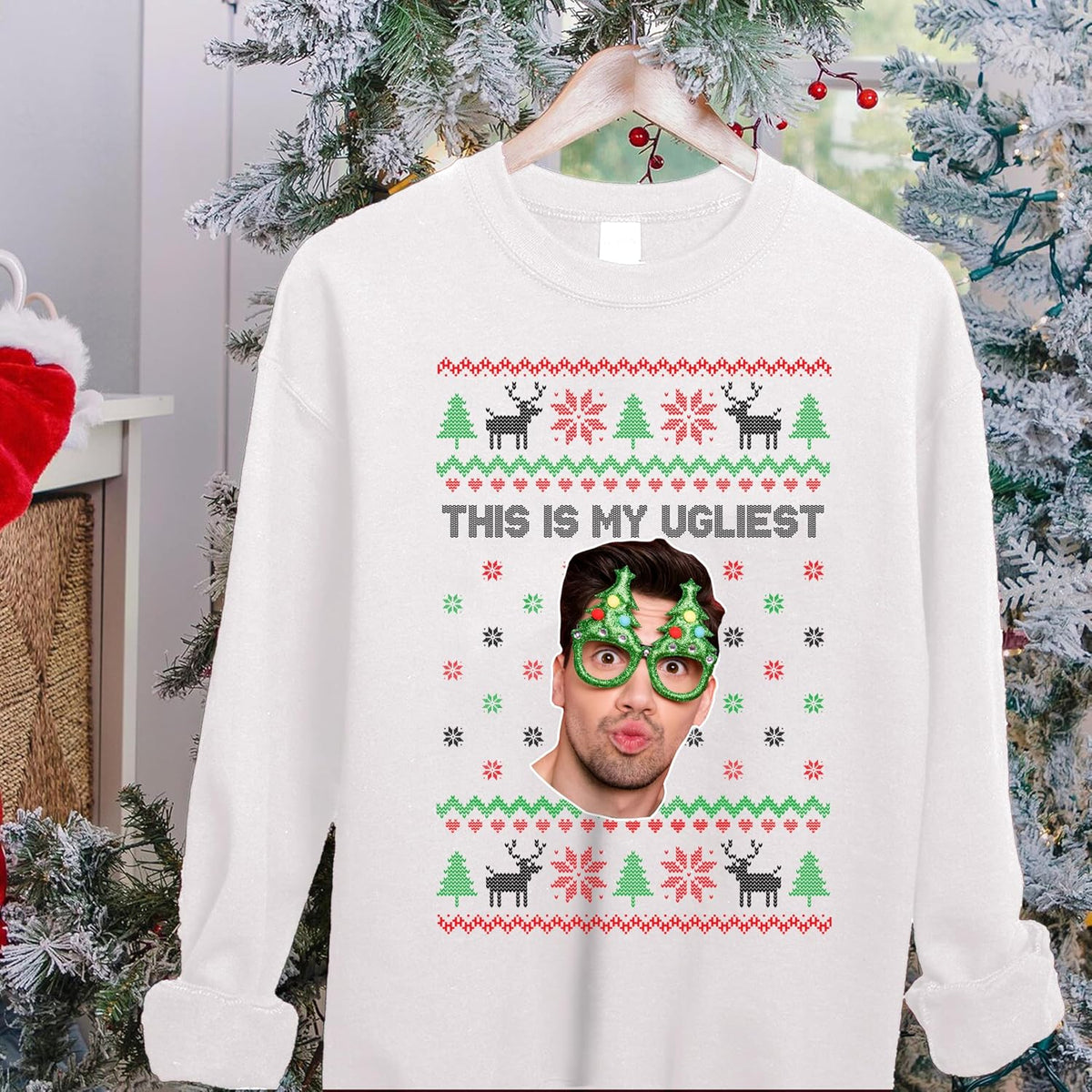 Personalized Ugly Christmas Funny Face Monogrammed Sweathirt & T-Shirt - Custom Graphic Tee in Multiple Colors - Add Your Text and Photo - Unique for Friends & Family, Office Party