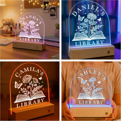 Personalized Library LED Night Light with Name, Custom Birth Month Flower