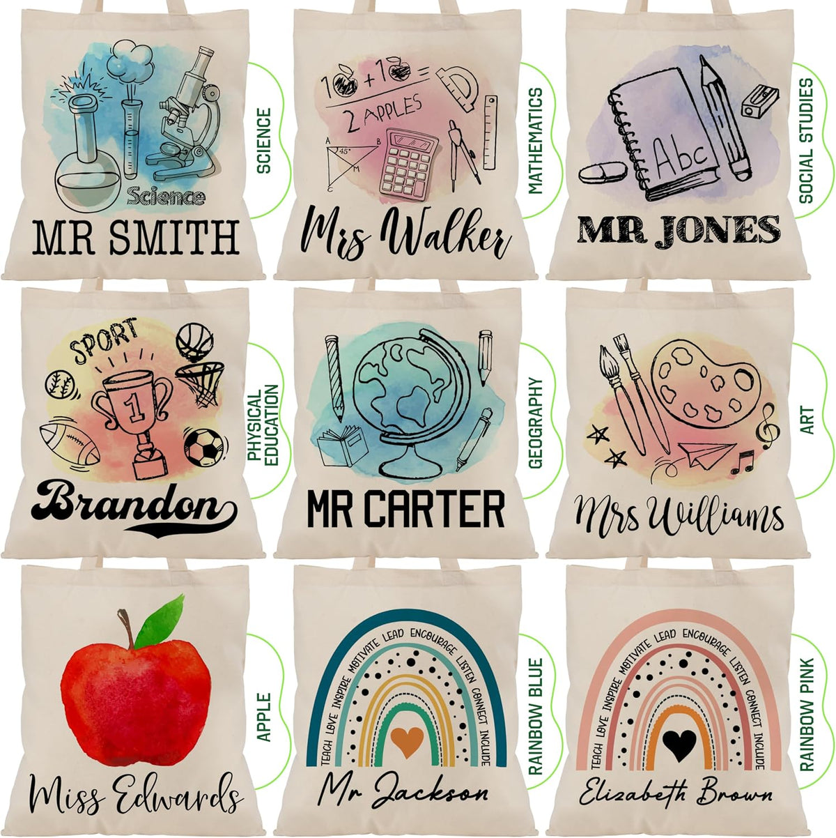Personalized Teacher Canvas Tote Bag with Custom Name – Cute Apple Rainbow Science Math Design – End of Year Gift for Women Men – Christmas Birthday Mother’s Day Appreciation Bag