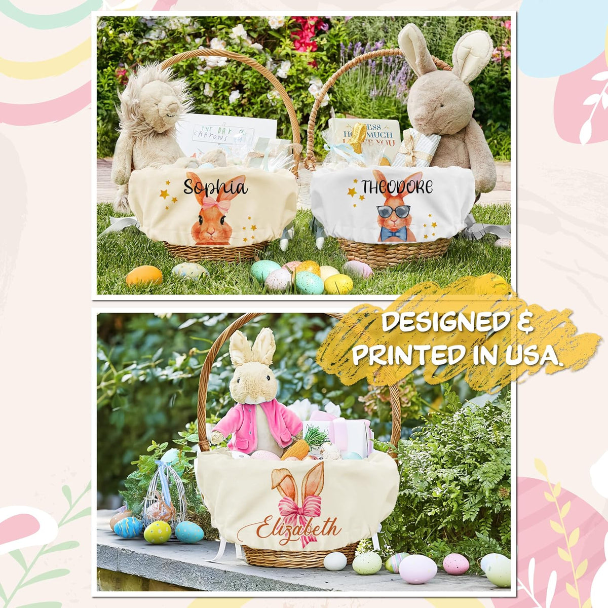 Personalized Easter Basket Liner with Name, Custom Bunny Egg Hunt Cover