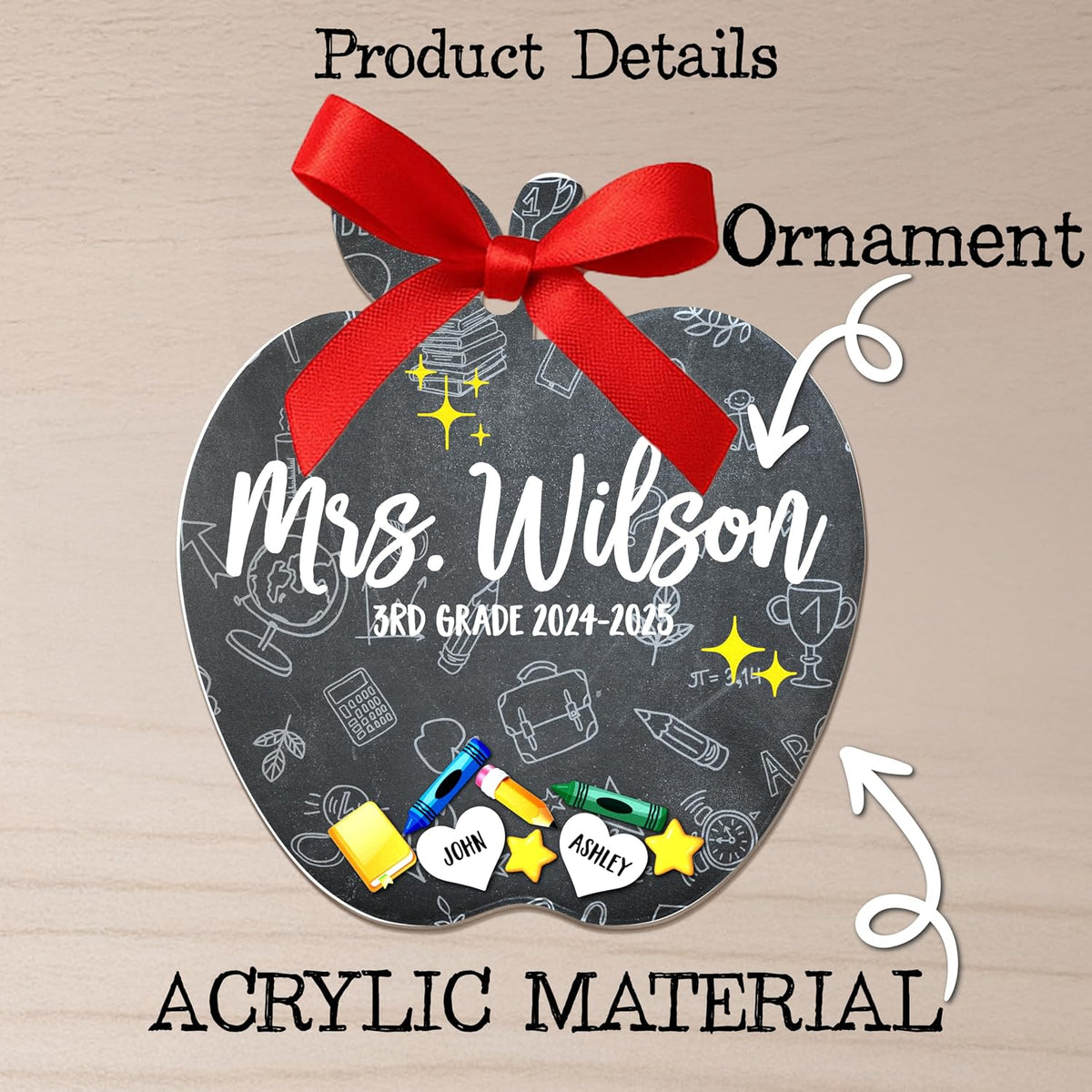 Personalized Teacher Ornament Gift from Students - Custom Acrylic Hanging Decoration with Teacher & Kids Names - Christmas Tree Keepsake for End of Year, Appreciation, Back to School