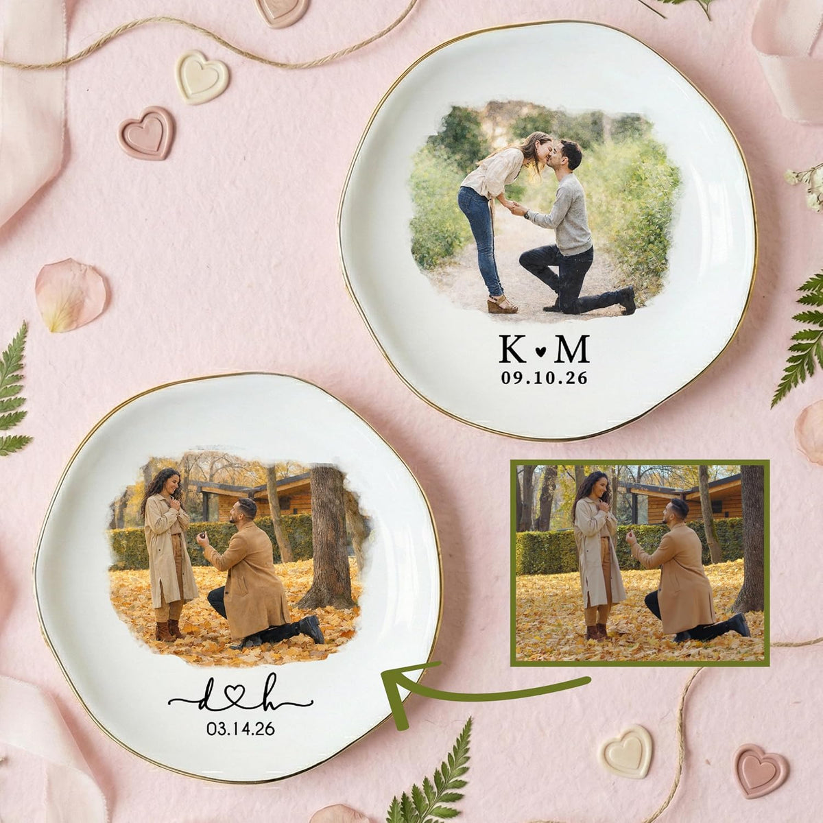 Personalized Proposal Photo Ring Dish Plate – Custom Engagement Gift with Couple Picture, Name & Date – Ceramic Jewelry Tray for Fiancé, Bride to Be, Girlfriend – Valentine’s Day Keepsake