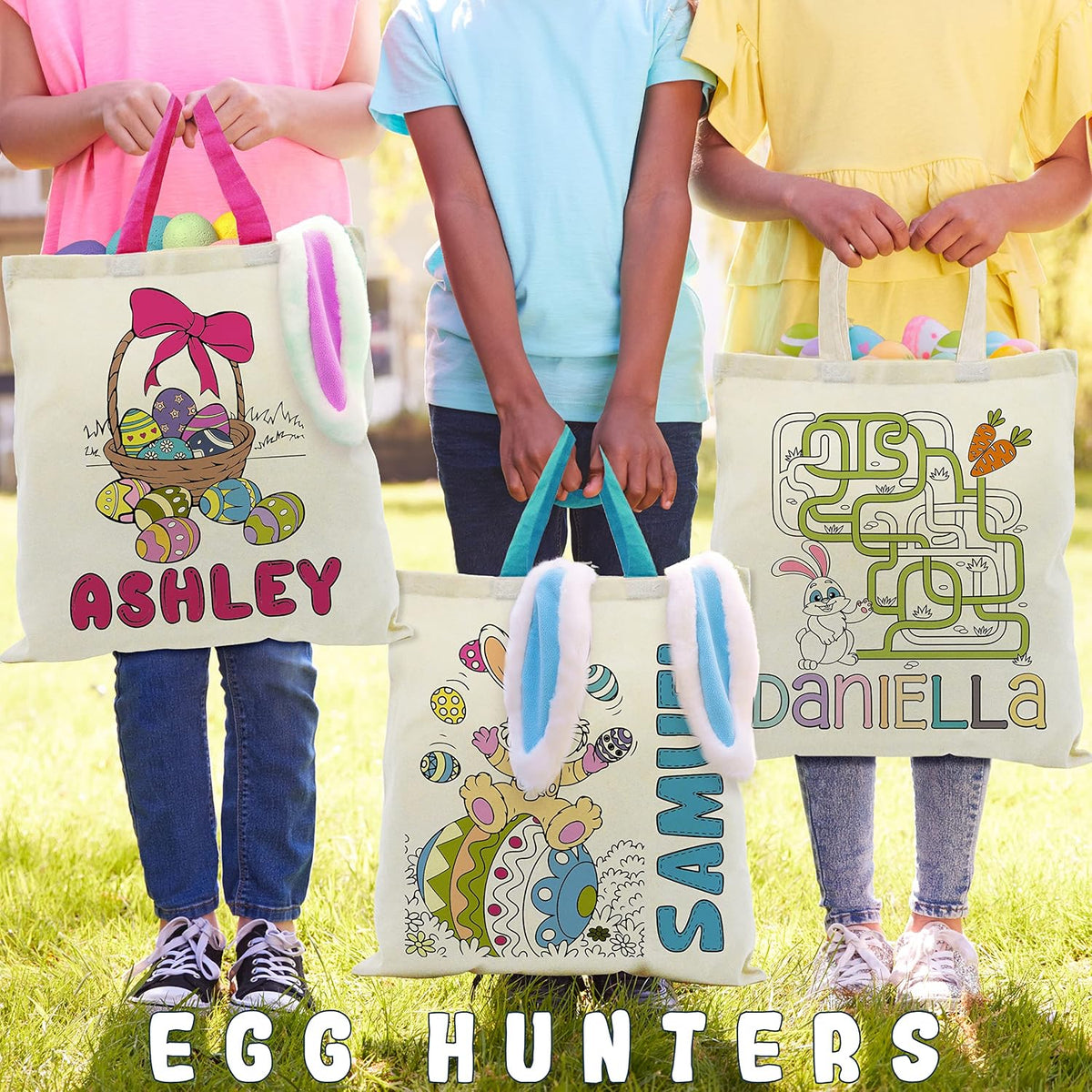 Personalized DIY Easter Tote Bags Gift for Kids w/Name - 3 Color Handles & 6 Designs - Customized Monogrammed Colorable Bunny Totes Bags for Girls Boys - Egg Hunt Custom Reusable Canvas Gift Bags C1