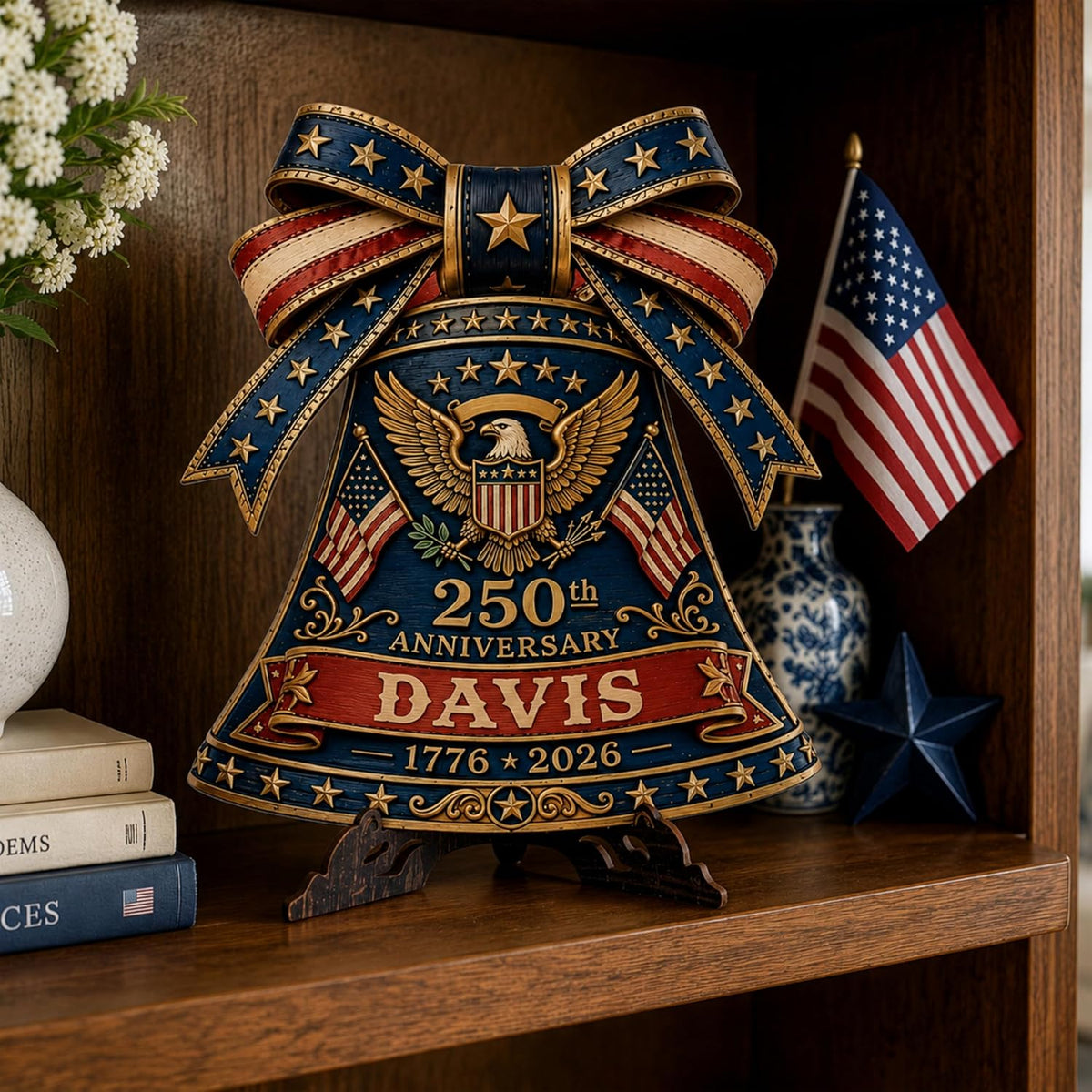 Personalized Eagle Patriotic Door Sign for Front Door, Custom Family Name America 250th Anniversary Wooden Door Hanger, USA 1776-2026 Independence Day 4th of July Wall Decor