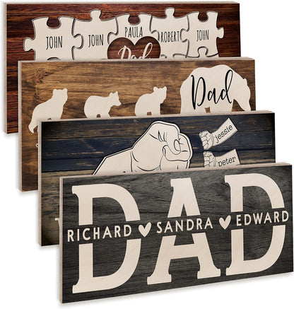 Personalized Fathers Day Papa Bear & Cubs Wood Signs w/Names - 6 Design 5 Wood Color - Customized Fishing Wooden Plaque - Custom Dad Gifts From Daughter, Son - Daddy, Grandpa Birthday Gifts C1