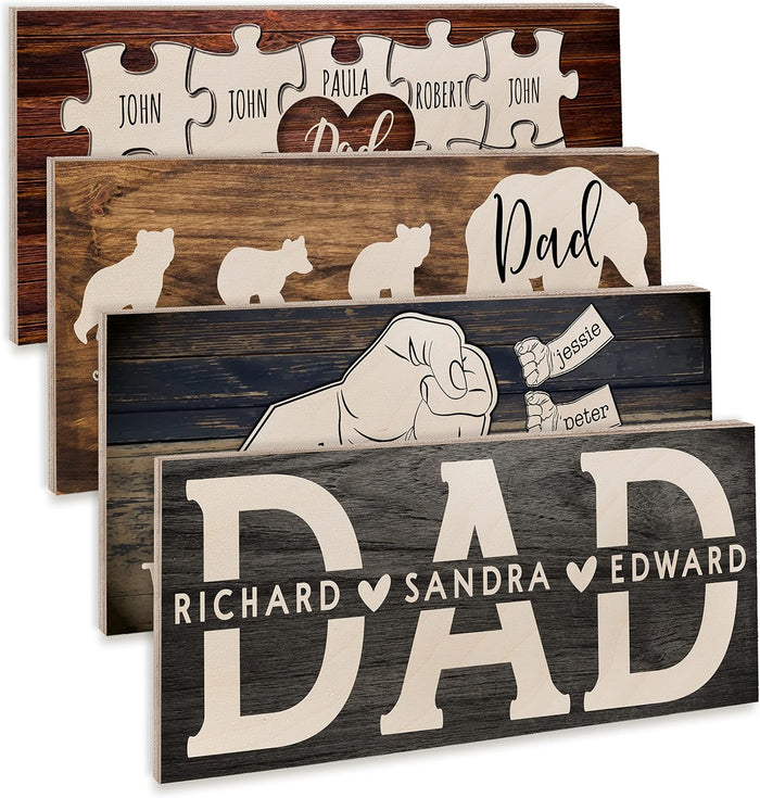 Personalized Fathers Day Papa Bear & Cubs Wood Signs w/Names - 6 Design 5 Wood Color - Customized Fishing Wooden Plaque - Custom Dad Gifts From Daughter, Son - Daddy, Grandpa Birthday Gifts