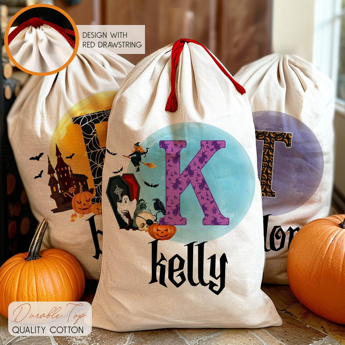 Personalized Halloween Trick or Treat Candy Sack - Customized Reusable Creepy and Funny Pumpkin Goodie Bag - Cotton Sacks 16 X 24 with 6 Design - Gift for Halloween Parties