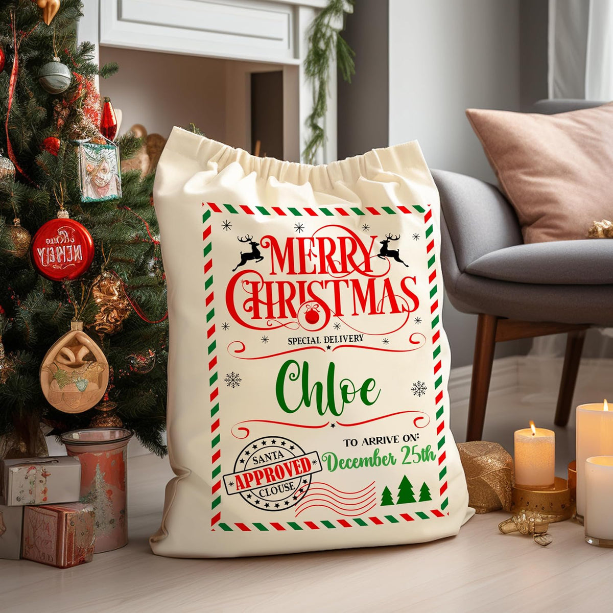 Custom Christmas Santa Sack, Personalized Xmas Sacks, Customized Drawstring Gift Bag for Presents, North Pole Gifts Pouch (Small)