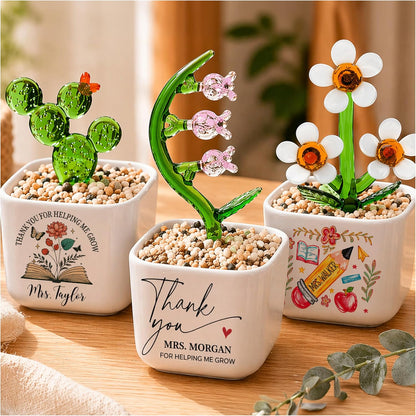 Custom Teacher Appreciation Gift, Handmade Glass Flower Plant in Personalized Ceramic Pot, Thank You for Helping Me Grow, Unique End of Year Teacher Gift from Student, Keepsake Desk Decor