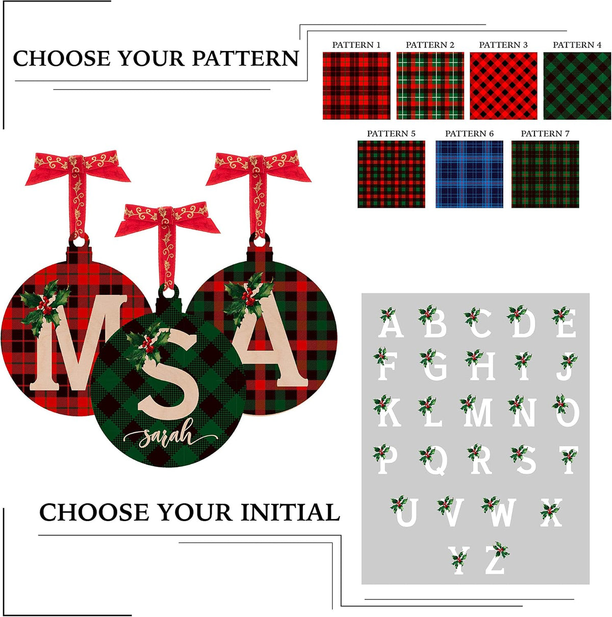 Personalized Christmas Initial Ornaments w/Name - Customized Wood Round Ornament Christmas Tree Decor - Custom Xmas Stocking & Gift Box Name Tag Circle Noel Decorations
