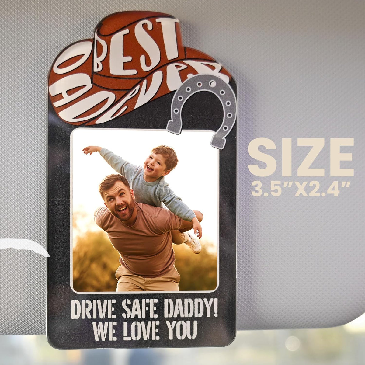 Personalized Cowboy Horseshoe Car Visor Clip – Custom Photo & Message Gift for Dad – Drive Safe Daddy – Cute Father’s Day Car Accessory from Kids – Best Dad Ever