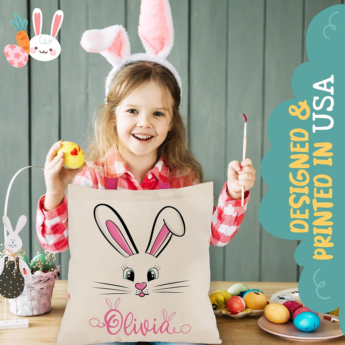 Personalized Easter Bunny Tote Bag with Name, Custom Egg Hunt Gift