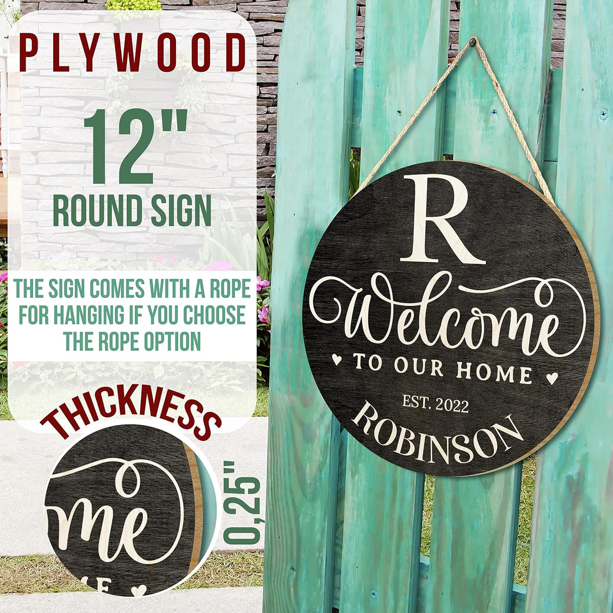 Personalized Round Wood Sign with Family Name, Custom Farmhouse Wall Decor
