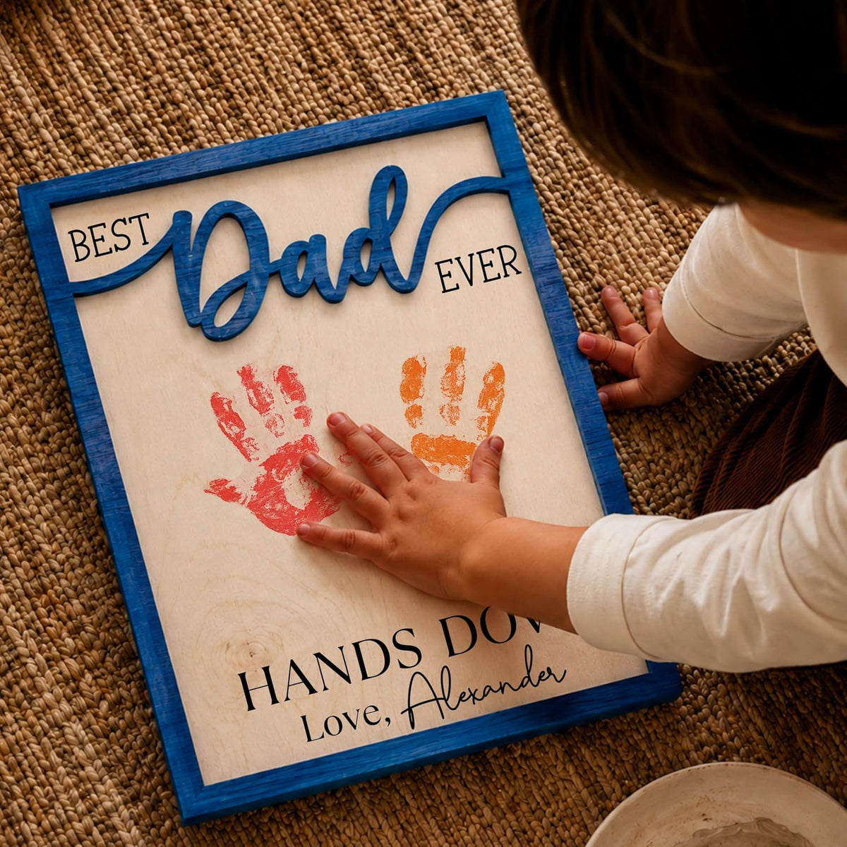 Personalized Handprint Father’s Day Trophy Sign, DIY Kids Handprint Plaque Gift for Dad Grandpa Papa
