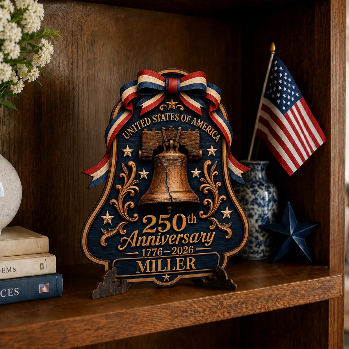 Personalized Eagle Patriotic Door Sign for Front Door, Custom Family Name America 250th Anniversary Wooden Door Hanger, USA 1776-2026 Independence Day 4th of July Wall Decor