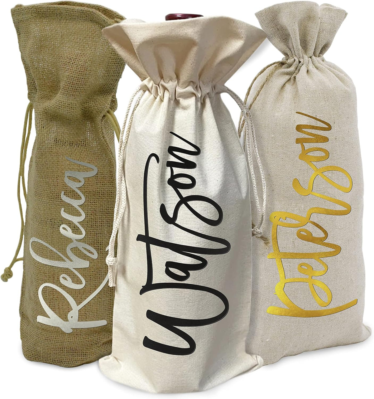 Personalized Burlap Wine Bag with Name, Custom Drawstring Bottle Gift Bag