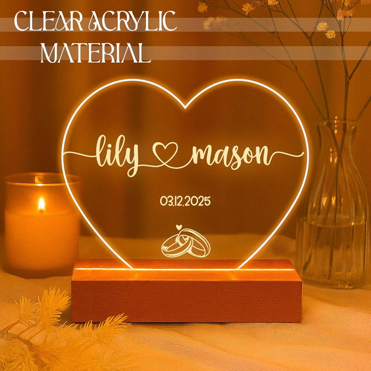 Personalized Heart Night Light with Names, Custom LED Romantic Couple Gift