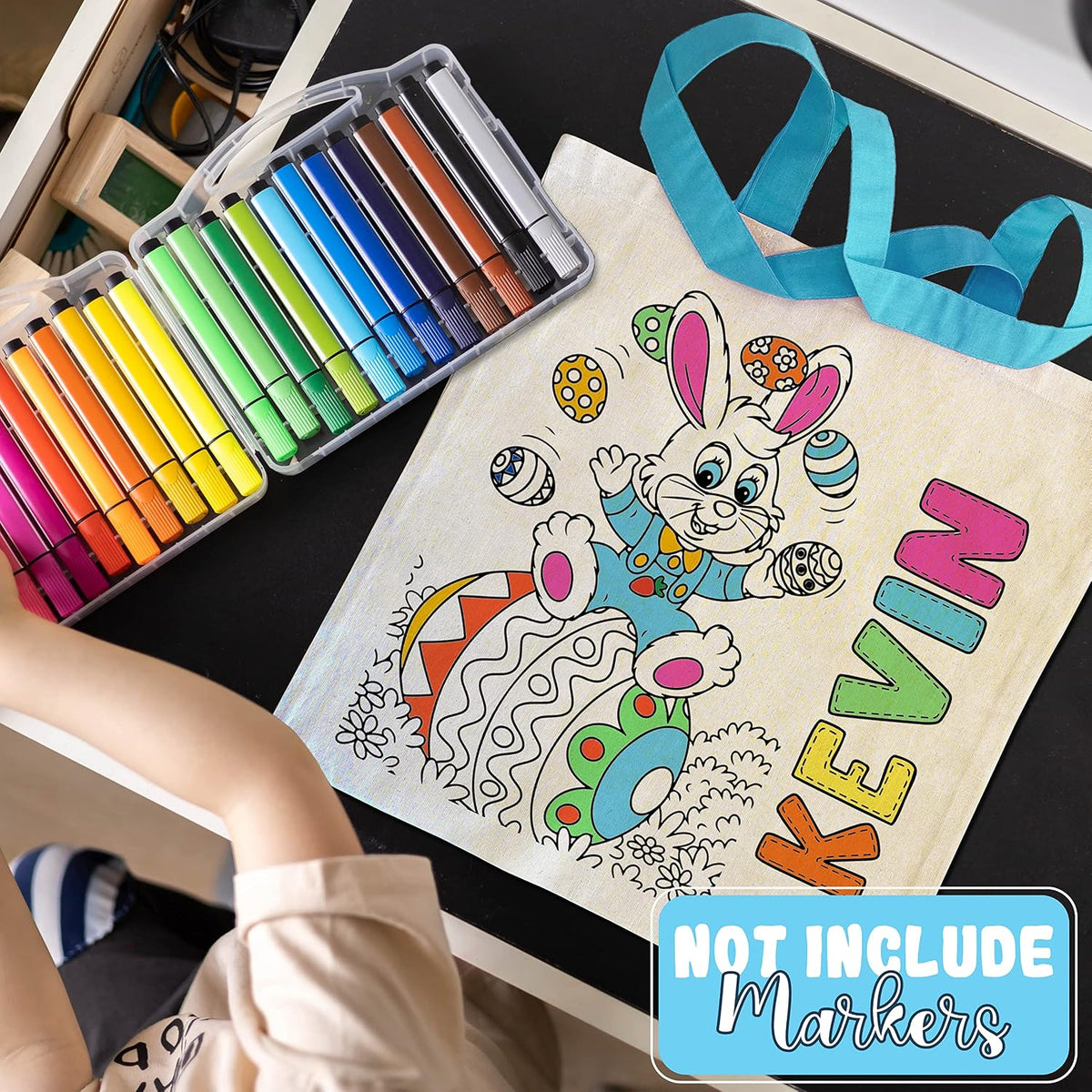 Personalized DIY Easter Tote Bags Gift for Kids w/Name - 3 Color Handles & 6 Designs - Customized Monogrammed Colorable Bunny Totes Bags for Girls Boys - Egg Hunt Custom Reusable Canvas Gift Bags C1