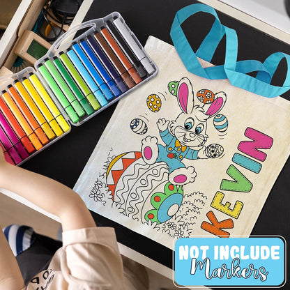 Personalized DIY Easter Tote Bags Gift for Kids w/Name - 3 Color Handles & 6 Designs - Customized Monogrammed Colorable Bunny Totes Bags for Girls Boys - Egg Hunt Custom Reusable Canvas Gift Bags C1