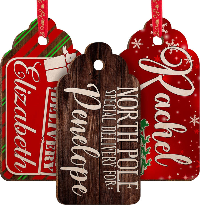 Personalized Christmas Stocking Name Tags for Xmas Gift Decor - 6 Designs - Customized Wooden Name Tags for Stockings - Custom Wood Gift Tag for Christmas Gift - Monogrammed Rectangle Wood Name Tags