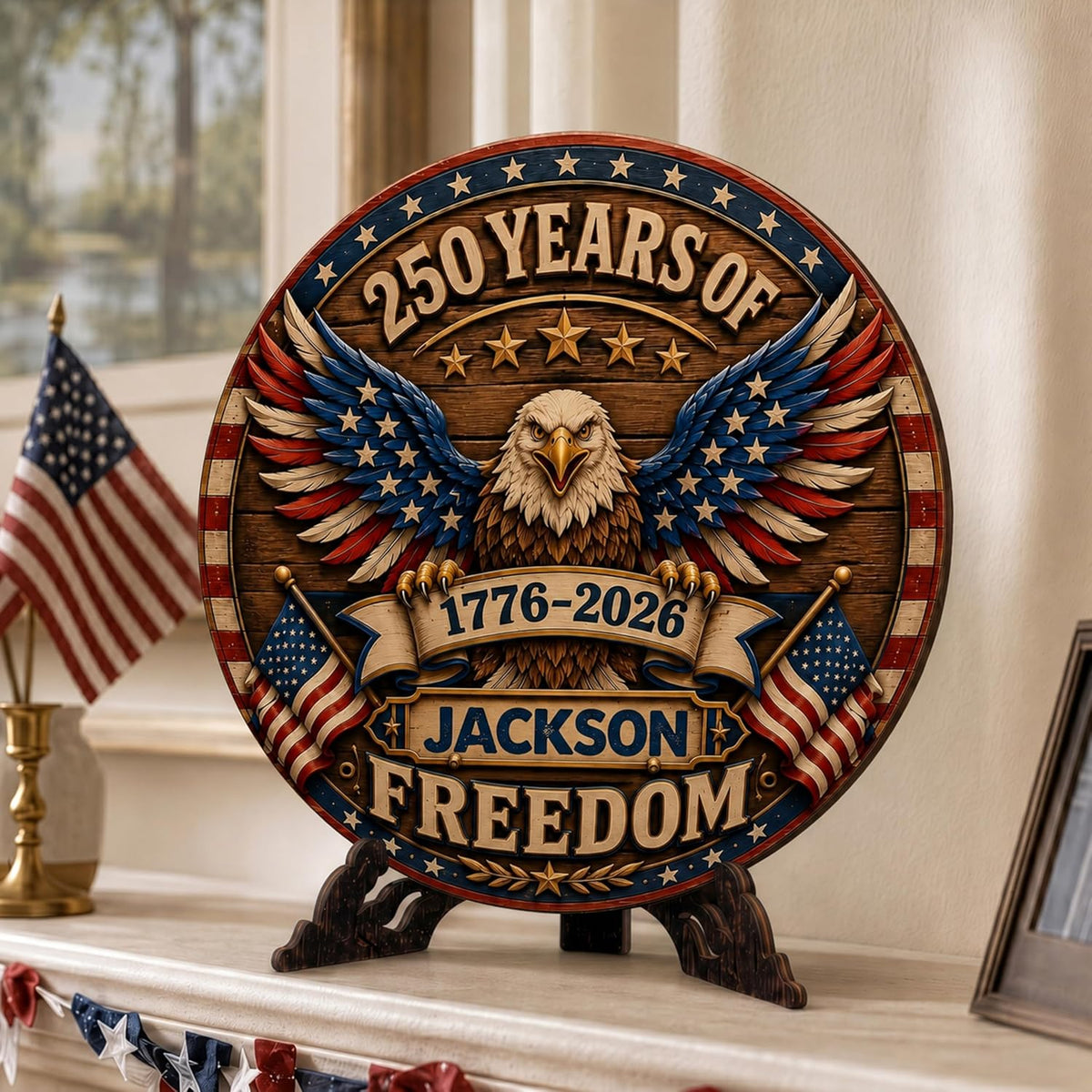 Personalized Eagle Patriotic Door Sign for Front Door, Custom Family Name America 250th Anniversary Wooden Door Hanger, USA 1776-2026 Independence Day 4th of July Wall Decor
