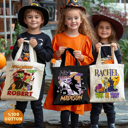 Personalized Halloween Canvas Tote Bag with Name, Custom Pumpkin Ghost Gift