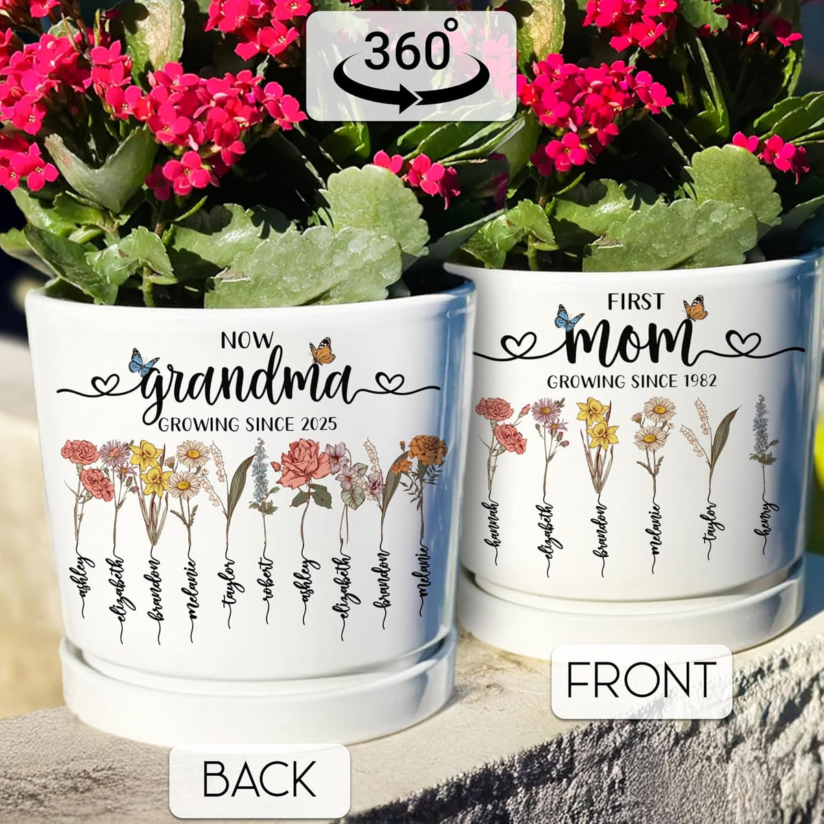 Zexpa Apparel Personalized Flower Pot for Grandma, Mom or Nana, Custom Birth Month Flower Planter with Names, Unique, Mother’s Day, Birthday or Holiday Present, Ceramic Pot