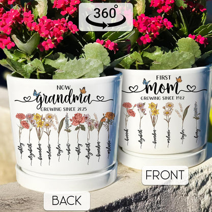 Zexpa Apparel Personalized Flower Pot for Grandma, Mom or Nana, Custom Birth Month Flower Planter with Names, Unique, Mother’s Day, Birthday or Holiday Present, Ceramic Pot