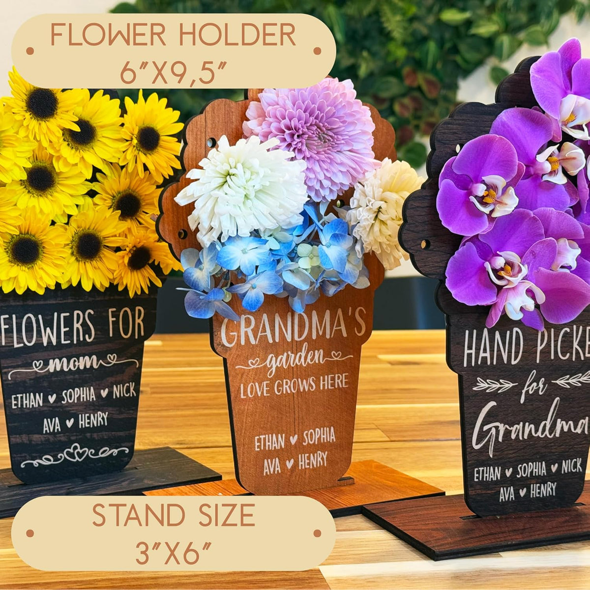 Zexpa Apparel Custom Wooden Flower Holder with Kids' or Grandkids' Names – Unique Gift for Mom, Grandma, Nana – Personalized Name Display Stand for Mother’s Day, Birthday or Home Décor