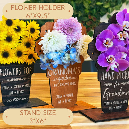 Zexpa Apparel Custom Wooden Flower Holder with Kids' or Grandkids' Names – Unique Gift for Mom, Grandma, Nana – Personalized Name Display Stand for Mother’s Day, Birthday or Home Décor