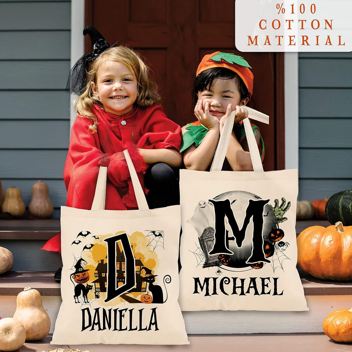 Personalized Halloween Canvas Tote Bags - Custom Name & Initials Trick or Treat Bag with Pumpkin, Skeleton, Ghost & Castle - Reusable 15x16" Gift Bag for Halloween