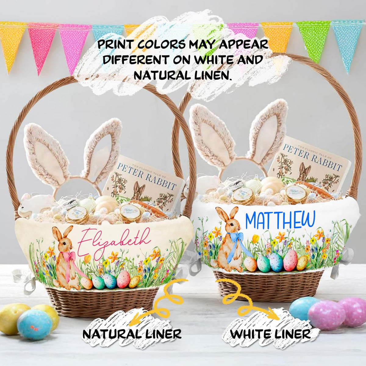 Personalized Easter Basket Liner with Name, Custom Bunny Egg Hunt Cover