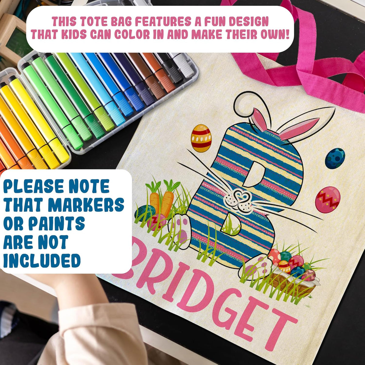 Personalized Easter Tote Bag with Name, Custom Color-Your-Own Canvas Gift
