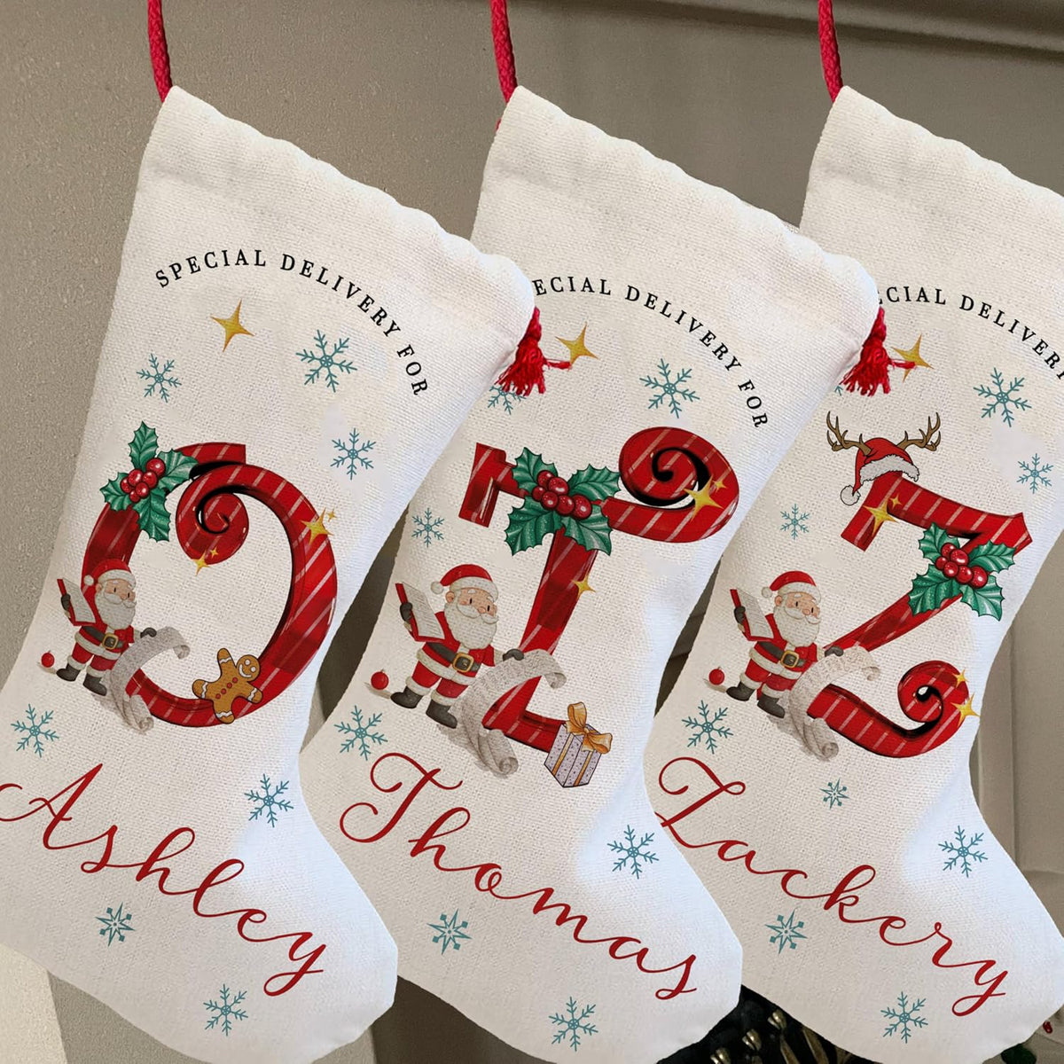 Custom White Christmas Stocking with Name & Initial - Personalize Holiday Stockings - Unique Christmas Decoration & Special Delivery Gift for Family, Friends, Mom, Dad & Loved Ones