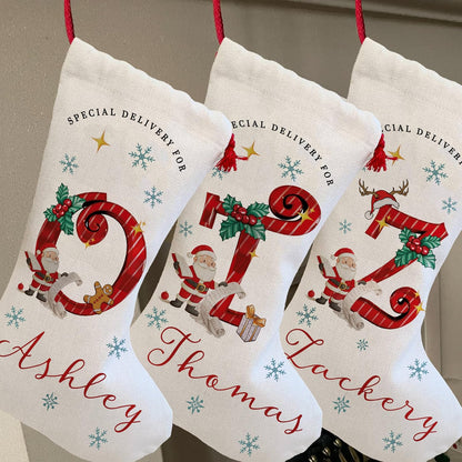 Custom White Christmas Stocking with Name & Initial - Personalize Holiday Stockings - Unique Christmas Decoration & Special Delivery Gift for Family, Friends, Mom, Dad & Loved Ones