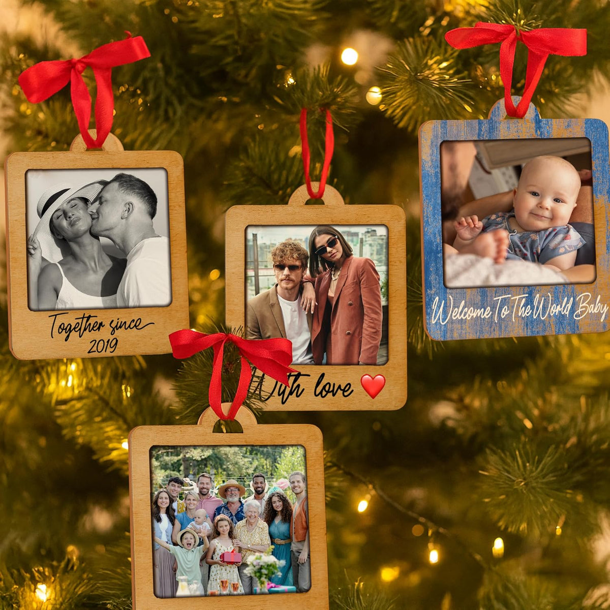 Personalized Wooden Photo Frame Ornament - Custom Plywood Christmas Tree Hanging Decoration with Name & Text - Wedding, Baby, Family Picture Keepsake Gift - 8 Color Options, Add Your Photo